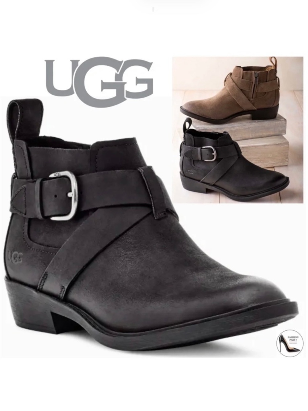 UGG Wylma Black Oiled Leather Moto Booties 1113422 Buckle Western Ankle Boots 7